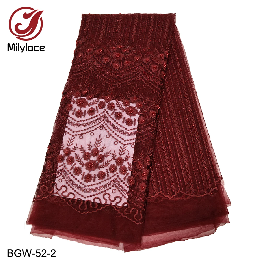 8 Available colors african lace fabric beaded embroidery french lace fabric 5 yards per lot burgundy red tulle lace BGW-52