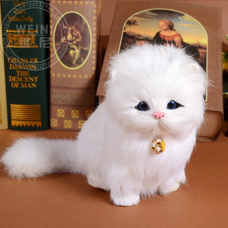 white real fur cat about 16x14 cm miaow sound bell cat hard model, polyethylene & furs handicraft,birthday gift h1156