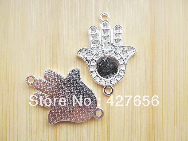 10pcs Silver plated The hand of Fatima Hamsa Connector Pendant Charm,fit 35pcs Rhinestone,10mm Round Cabochon Base Setting