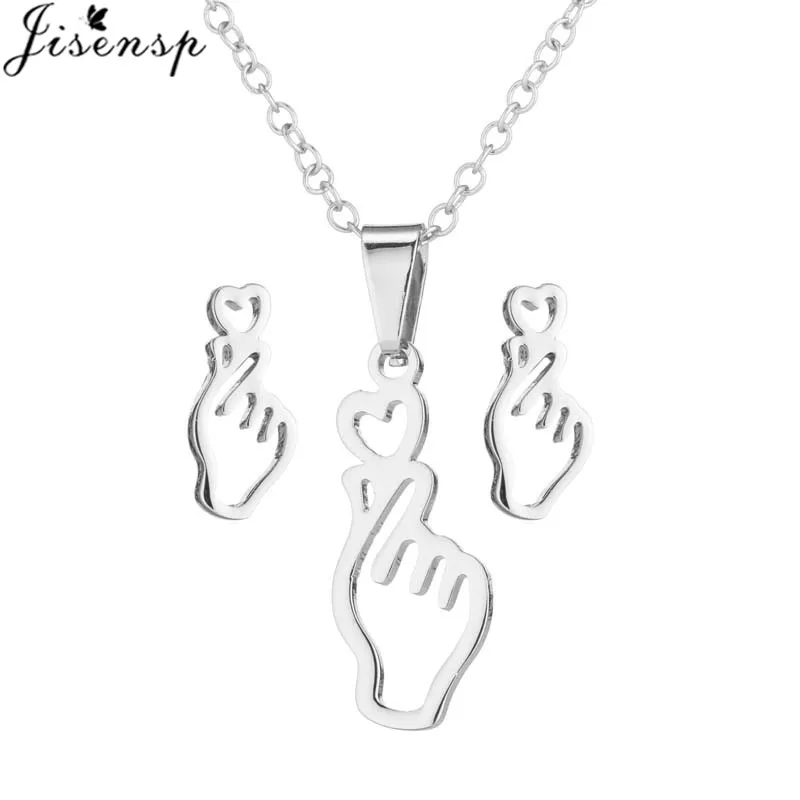 Jisensp 2019 Korean Style Fashion Finger Heart Gesture Stainless Steel Jewelry Sets Lovely Gesture Necklace Earrings for Women