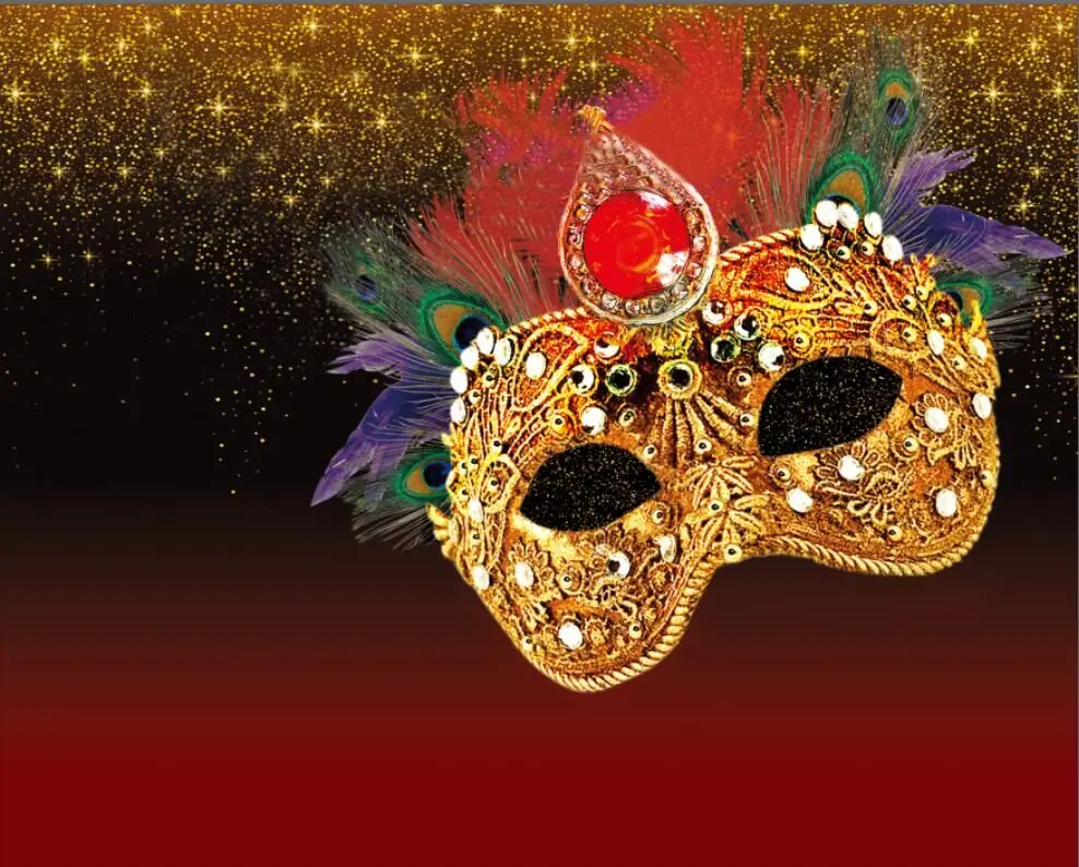 7 x5ft Golden Sparkles Masquerade Mardi Gras Gold Mask Feather Custom Photo Background sfondo vinile 220cm x 150cm