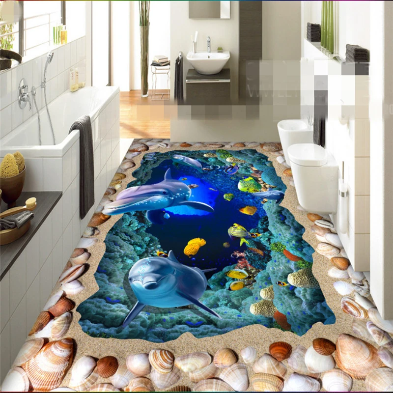 

Beibehang Custom 3D Wallpaper Mural Ocean World Dolphin 3D Floor Tiles Bathroom Self-adhesive 3D wallpaper papel de parede