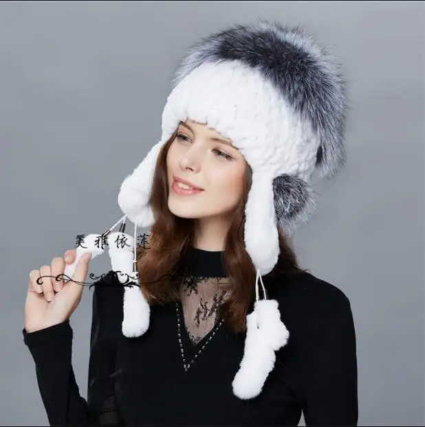 

New Whole Rabbit Rabbit Hat Fashion Women's rabbit fur earmuffs fox fur hat weaving pendant hat fur hat