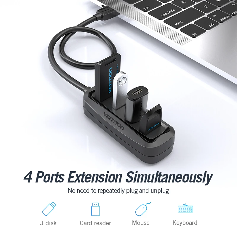 Vention-hub usb 2.0, 4 portas, com led, divisor multi, para lenovo, xiaomi, macbook pro air, acessórios para computador, laptop, hub usb 2.0