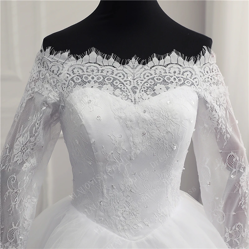 Off Shoulder elegancka kość słoniowa Plus rozmiar suknia ślubna z długim rękawem VLNUO NISA Bride suknie balowe Vestidos De Noiva szata Mariee