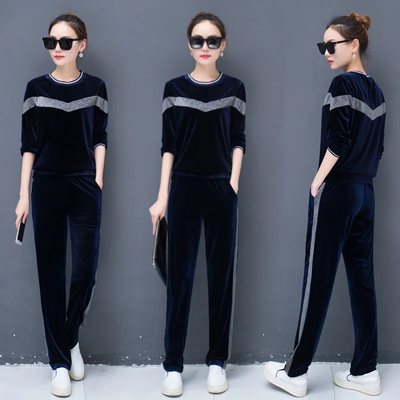 Gold velvet casual sports suit female 2020 spring and autumn new Korean fashion loose thin large size two-piece