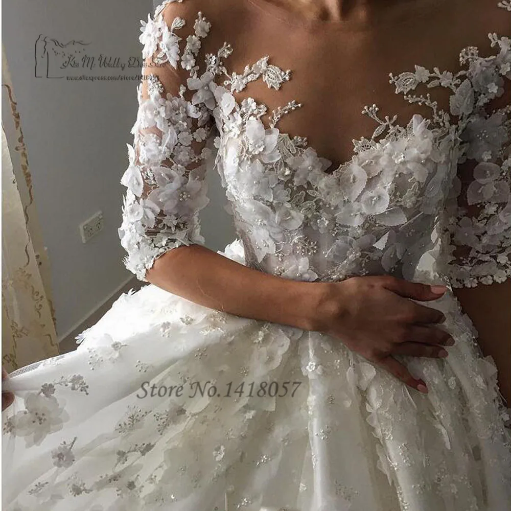 

Vestido de Noiva Princesa Luxo Vintage Flowers Wedding Dress Pearls Beaded Ball Gown Bride Dresses Lace Long Train Wedding Gowns