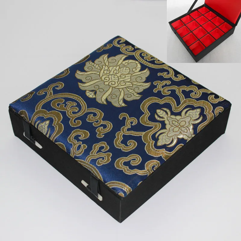 

16 Grids Slots Wooden Ring Storage Box Decorative Chinese Silk Brocade Earrings Pendants Jewelry Collection Boxes Wedding Gifts