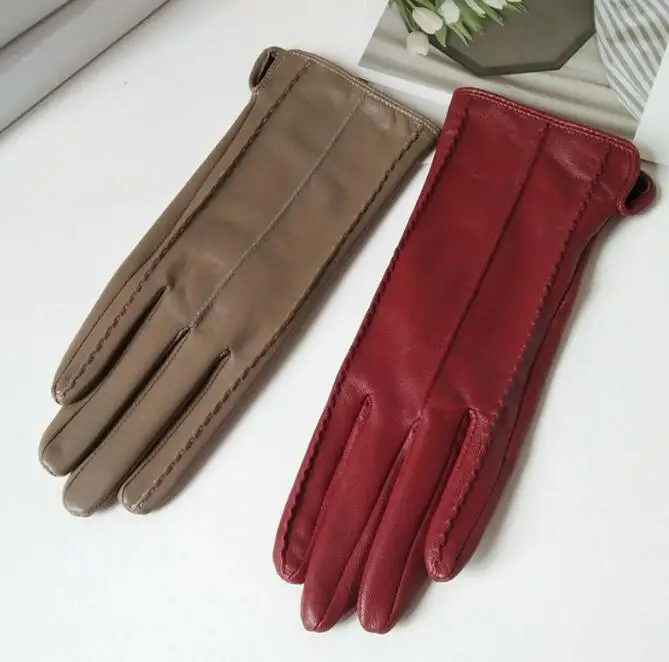 Women's Solid Color Brief Natural Leather Gloves Female Genuine Leather Winter Driving Glove R785