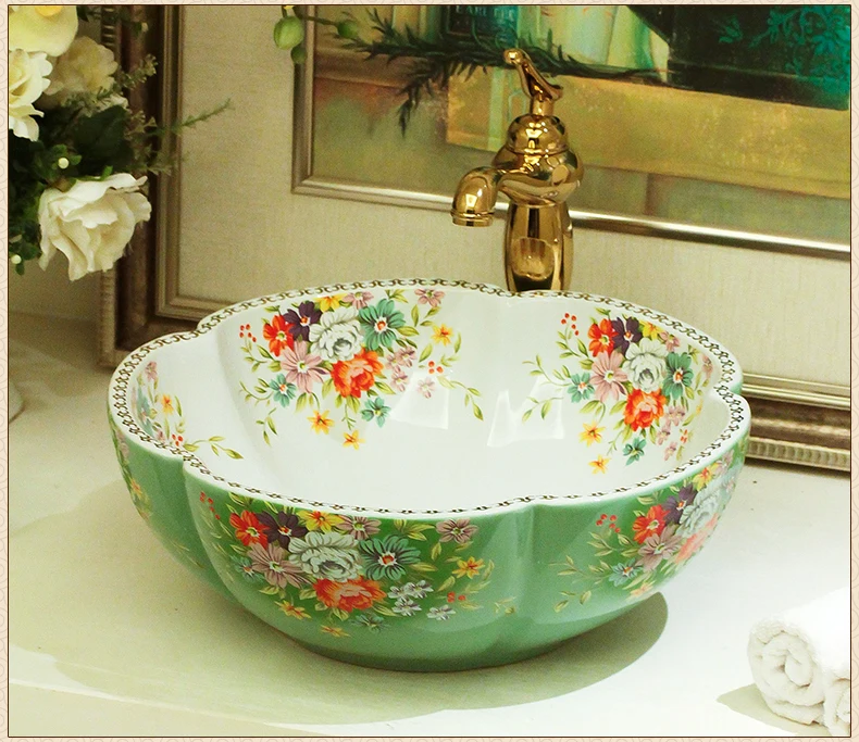 

Europe style chinese wash basin Jingdezhen Art Counter Top ceramic basin sink shampoo bowls