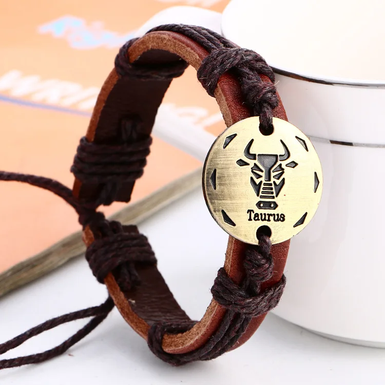 Vintage Gold Color Constellations Leo Taurus Leather Bracelet Women Punk Sagittarius Scorpio Jewelry Party Friends Gift