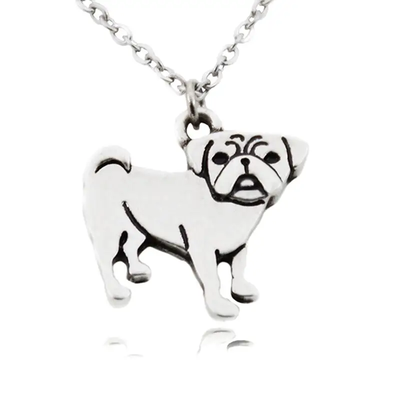 Vintage Silver Color Stainless Steel Long Chains Tiny Pug Pendant Necklace Companion Dog Necklaces For Women Men Best Gifts 2018