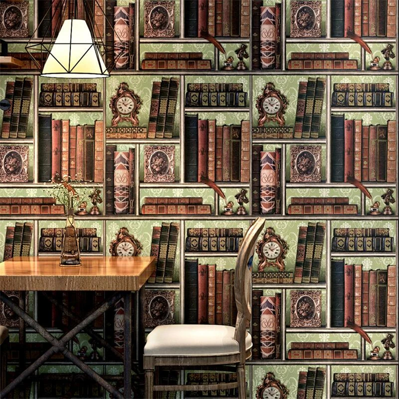 

beibehang Creative Bookshelf Library Study American Retro European Wallpaper Cafe Chinese Background Parede De Parede Wallpaper