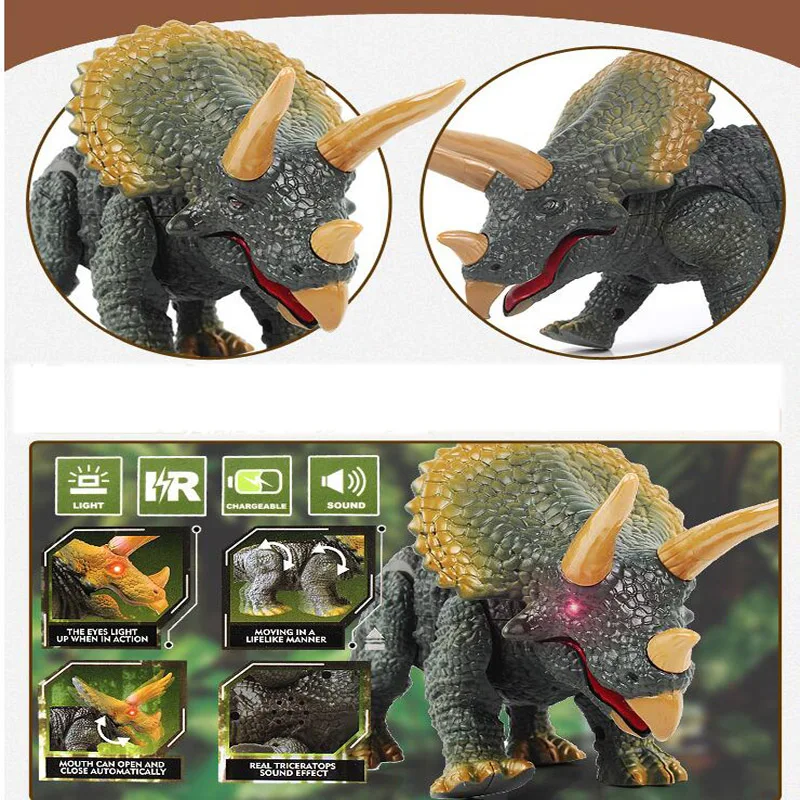 Crianças simulação brinquedos animais novo design andando controle remoto dinossauro triceratops brinquedo presente modelo luz som figura de ação