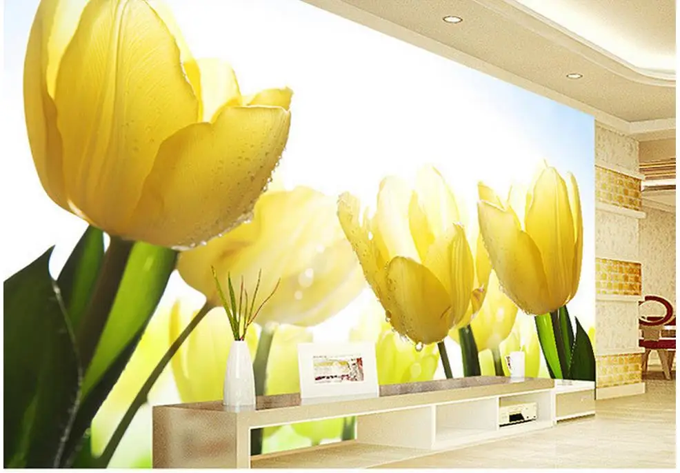 

modern living room wallpapers Yellow tulip flower TV backdrop wall papers home decor designers