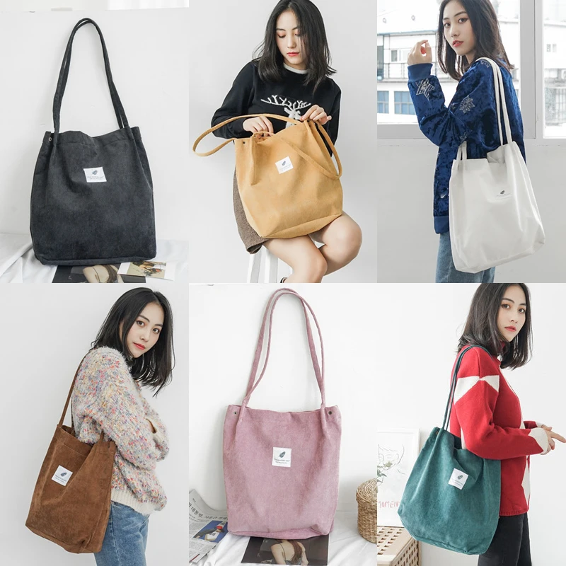 Female Corduroy Tote Bags Canvas Korea Cloth Bag for Women Summer Beach Bag Recyclable Shopper Purse Literary Style Shoulder Bag