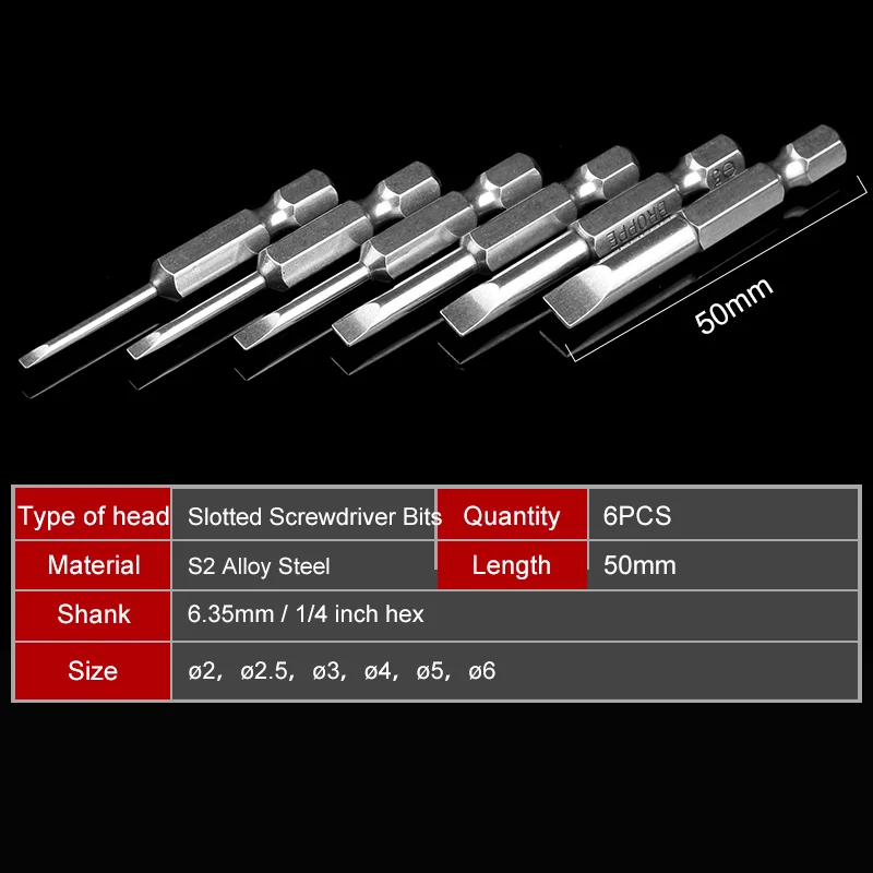 HOEN S2 Alloy 6pcs/set 50mm 2.0-6.0mm Steel Flat Head Slotted Tip Magnetic Slotted Screwdrivers Bits Wholesale Price New Arrival