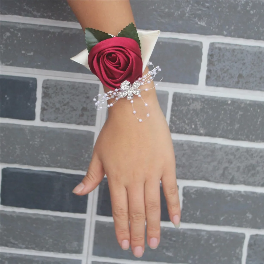 100% Handmade Wine red Crystal Bouquet Corsage Diamond Satin Rose Flowers for Wedding Bride Wrist Flowers SW0677Y