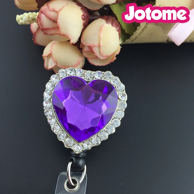 Wholesale Purple Acrylic Heart Rhinestone Retractable Badge Reel / ID Badge Holder