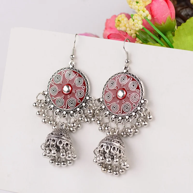 Indian Jewelry Jhumka Charms Earrings For Women Enamel Colored Round Ethnic Long Stud Earring Trendy Wedding Ear Rings