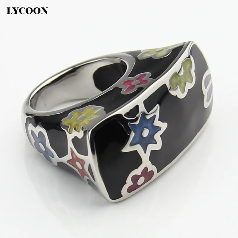 LYCOON Fashion woman colorful flowers resin rings 316L stainless steel polish Imported black Enamel ring in square shape SUK0009