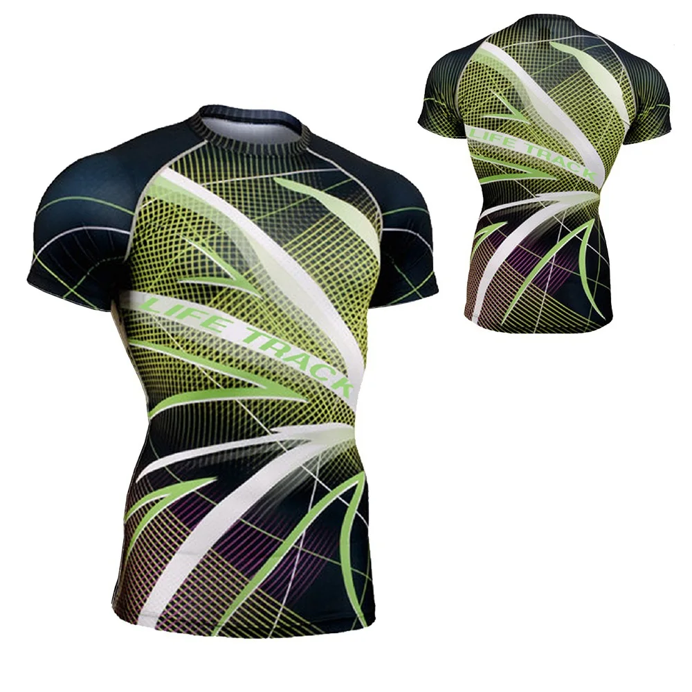 

GRID BIRDS Technical Graphic Short Sleeve Second Skin Rash Guard Compression Base Layer Gym Bodybuilding Training Fitness Tights