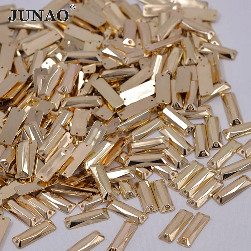 JUNAO 200pcs 7*21mm Sewing Golden Rhinestone Applique Flatback Gold Rectangle Acrylic Strass Sew On Crystal Stones For Clothes