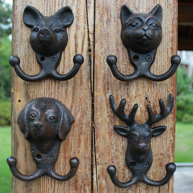 

European Vintage Cat Dog Pig Reindeer Animal Heads Design Cast Iron Wall Hook With Two Hangers Home Garden Decor Small Hooks