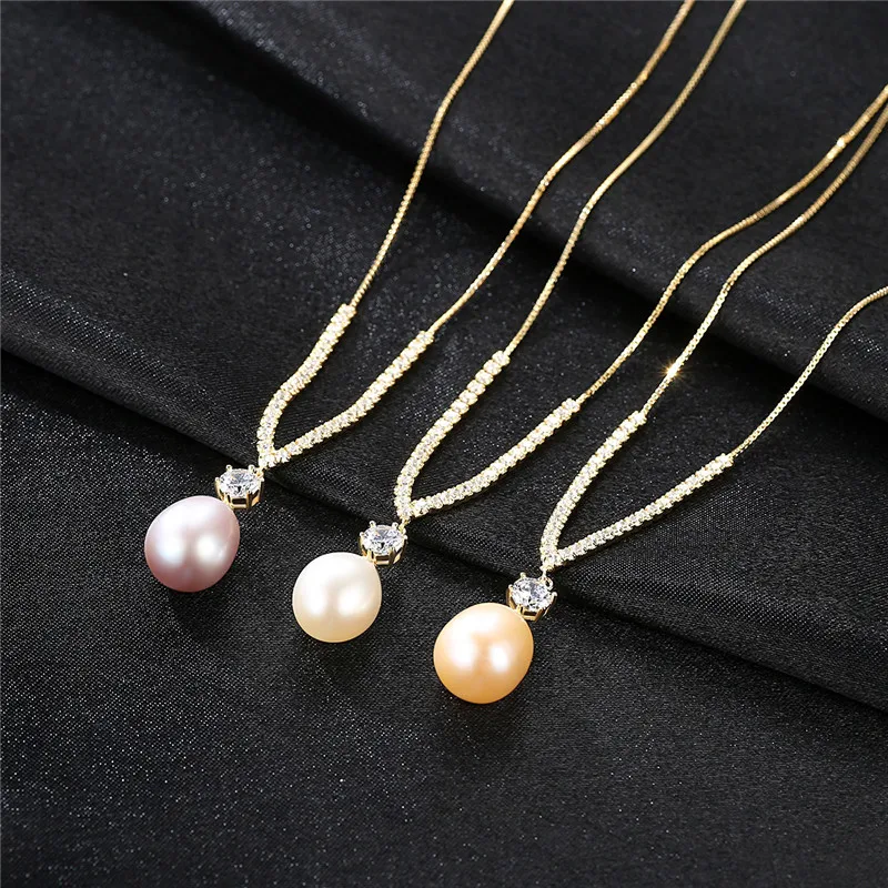 925 Sterling Silver Necklace 10-11mm Pearl AAA Zircon Pendant Jewelry for Women Wedding Necklaces