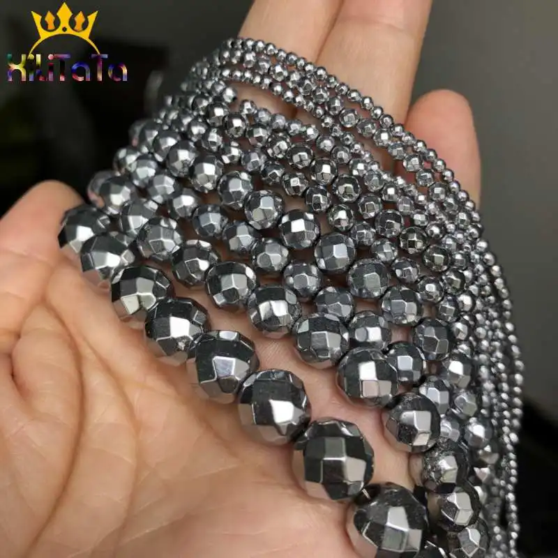 Natural Stone Beads Faceted Silvers Plated Hematite Beads For Jewelry Making DIY Necklace Bracelet Accessories 2/3/4/6/8/10mm