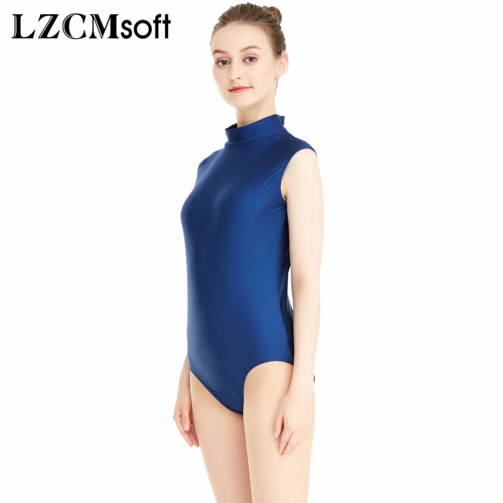 LZCMsoft Women's Mock Neck Ballet Dance Leotards Sleeveless Nylon Spandex Gymnastics Unitards Girls Navy Dance Wear