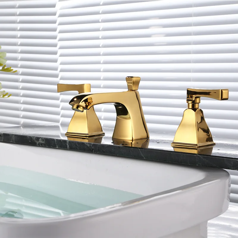 Luxury Bathroom Gold Quality Brass Double handle three holes basin faucet Golden mixer tap