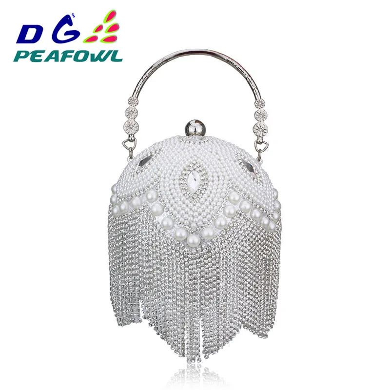 Round Ball Shape Pearl Beaded Tassel Women Evening Gold Handbags Shoulder Chain Party Bags Fashion Handmade Wedding Favor Clutch