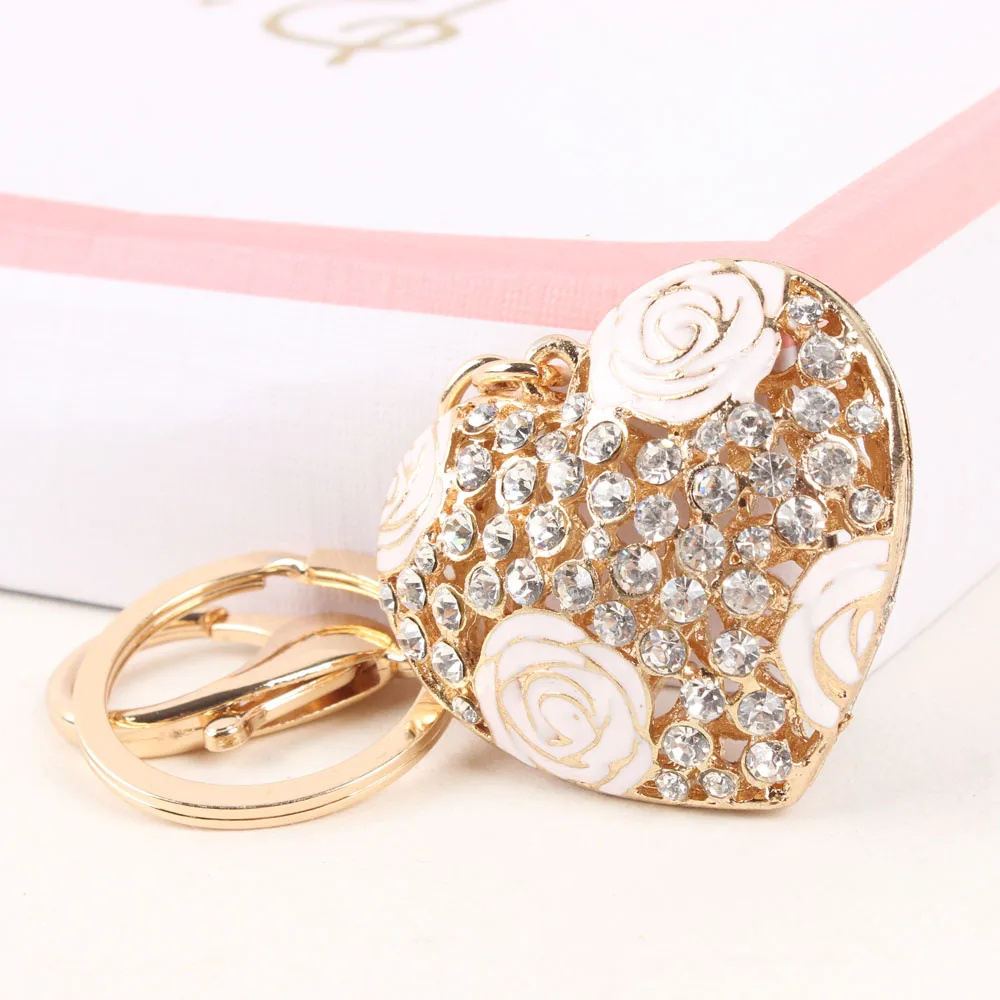 Sweet LOVE Heart Rose Flower New Cute Crystal Charm Pendant Purse HandBag Car Key Ring Chain Wedding Party Jewelry Gift