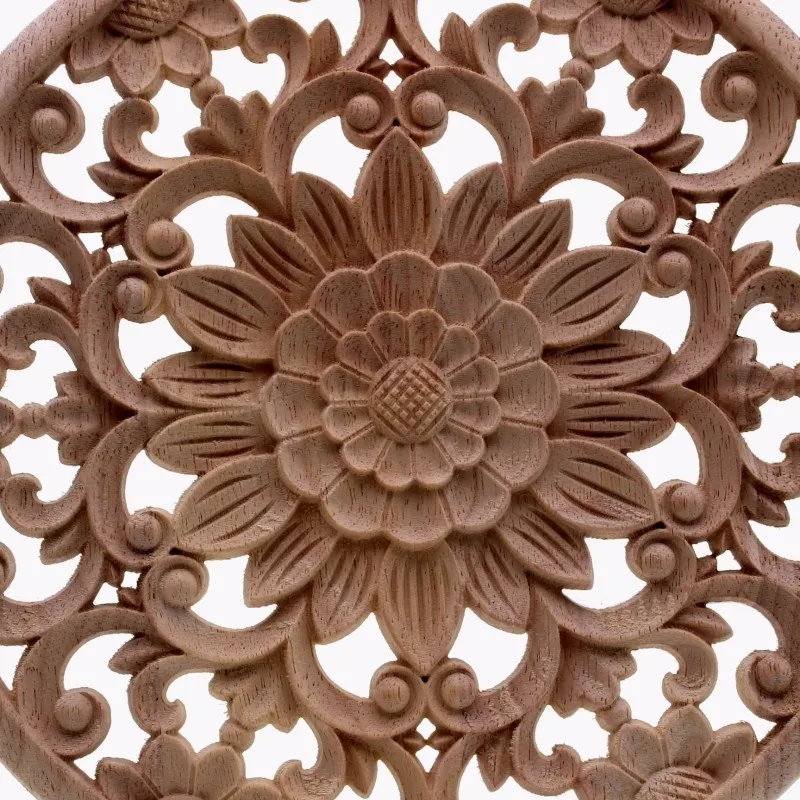 RUNBAZEF Carved Flower Carving Round Wood Appliques for Furniture Cabinet Unpainted Wooden Mouldings Decal Decorative Figurine