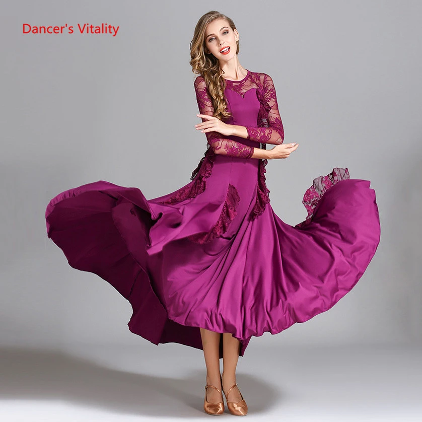 

Ballroom Dance Dress Adult Female Lace Long Sleeves Ruffles Big Swing Dresses For Women Waltz Tango Dance Practice Costumes