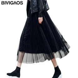 BIVIGAOS Summer Women Tulle Skirt Pleated Skirt Black High Waist Midi Skirts Thin Chiffon Mesh Yarn loose Long Skirts Women