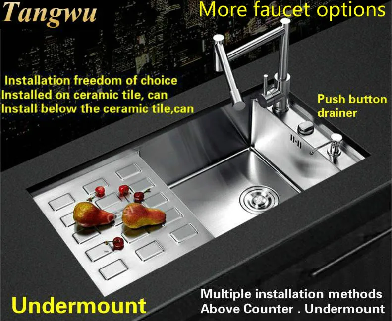 Free shipping Hot sell Luxury push button intelligent drainer big kitchen manual sink single trough 304 stainless steel 83x44 CM