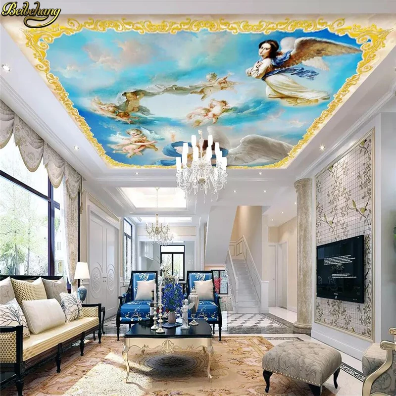 Custom 3D ภาพจิตรกรรมฝาผนัง Top ระงับเพดานวอลล์เปเปอร์ Western European Blue Sky Angel ภาพตกแต่งบ้านภาพวาด