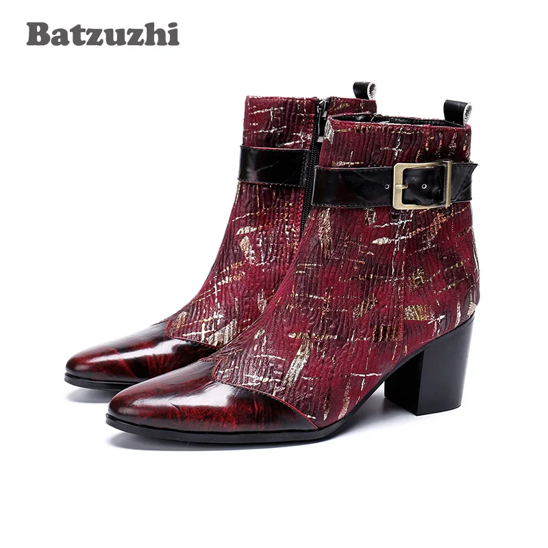 

Batzuzhi 7cm High Heels Men Boots Wine Red/Black Party and Wedding Ankle Boots Men Pointed Toe Botas Hombre, Big Sizes 38-46