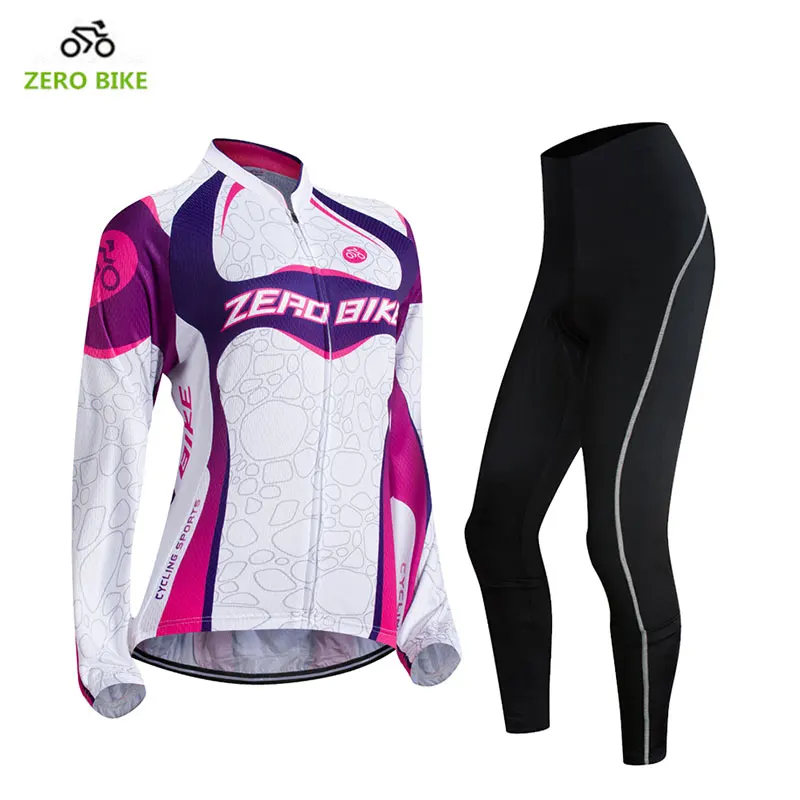 

ZEROBIKE Women's Long Sleeve Jersey Pants Set Polyester Full Zip Jacket Padded Pants Sports Tops Clothing ropa ciclismo US Size