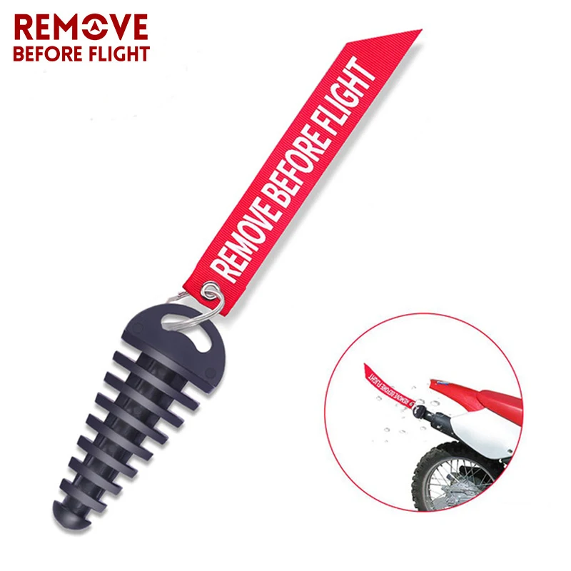 Remove Before Flight Key Chains for CR Black Rubber Muffler Exhaust Silencer Motorcycle Wash Plug Red Streamer Keychain Tag