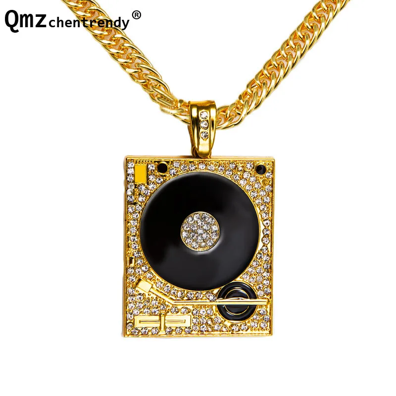 High Quality Gold Plated Hip hop Rapper Nightclub DJ Phonograph Round Square Crystal Pendants Necklaces 80cm Long Jewelry