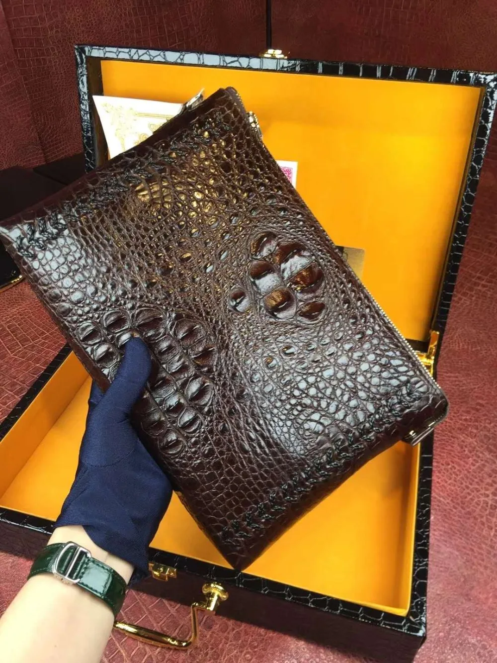 100% genuine alligator skin leather long big size men wallet purse alligator heard skin leather men clutch  cash card holder