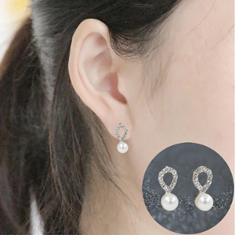 New Brand Imitation Pearl Waterdrops Shape Stud Earrings For Women Silver Color Rhinestone Piercing Earring Bijoux Brincos