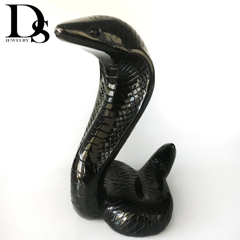 Natural Black Obsidian Cobra Quartz Crystal Figurine Hand-Carved Quartz Skull Animal Figurine Home Decoration Crafts