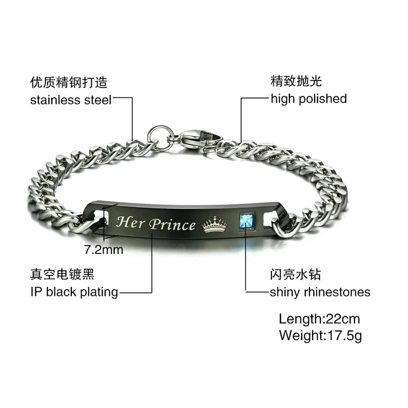 (10pcs) Her King His Queen Couple lover Bracelets Stainless Steel Crytal Crown Charm Bracelets For Women Men Gift Drop Shipping