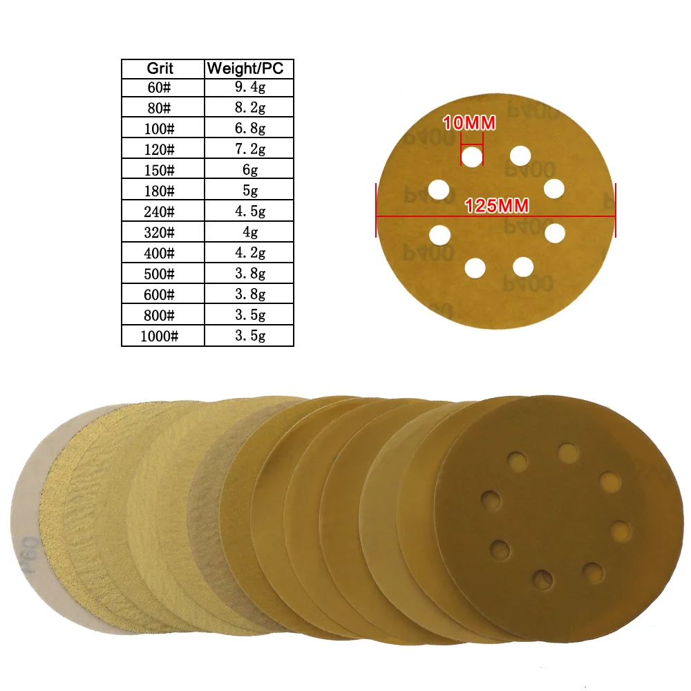 5 นิ้ว 125 มม.กระดาษทราย 8 หลุมอลูมิเนียมออกไซด์ 60 - 1000 Grits Hook และ Loop แห้งกระดาษทรายแผ่นขัดสําหรับโลหะยานยนต์รถ