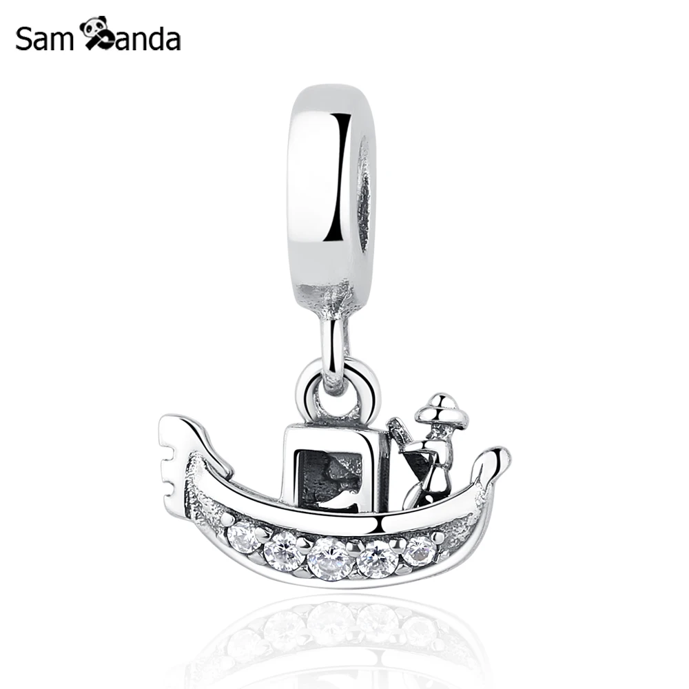 Authentic 925 Sterling Silver Charms Boat Venice Gondola Charm Clear CZ Pendant Bead Fit  Bracelets & Bangles DIY Jewelry