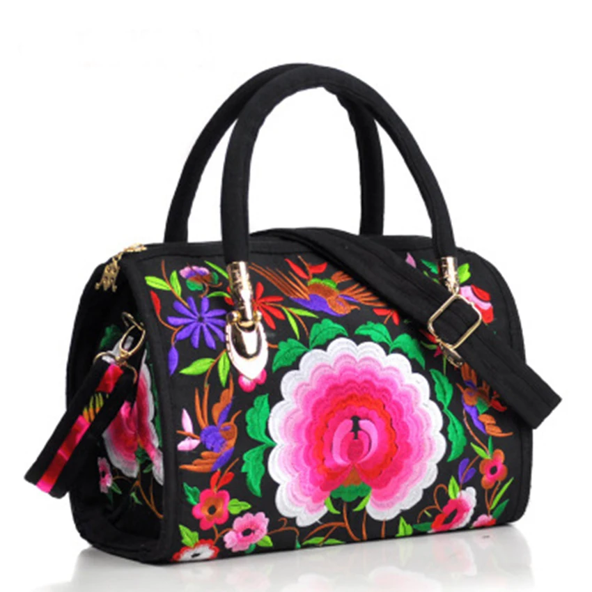 National wind embroidered portable slung dual-use drum bag canvas embroidery flower bag travel shoulder portable handbag